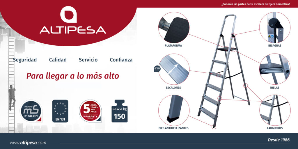 La escalera de tijera doméstica es la más habitual en nuestros hogares, por lo que hay que inspeccionar sus partes antes de subirnos a ella.