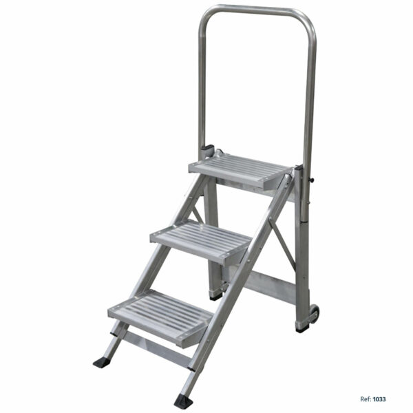 Taburete profesional plegable SERIE RACK 9 con barandilla y ruedas de desplazamiento