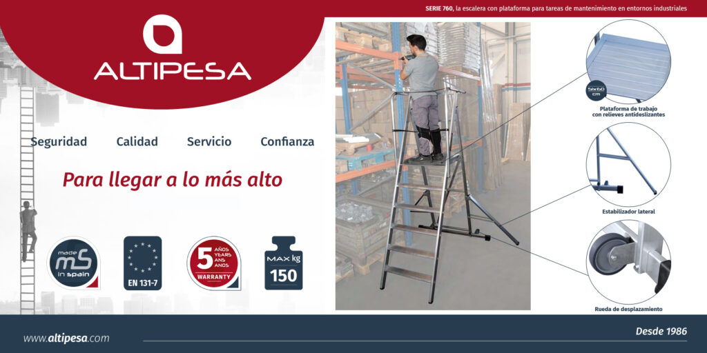 La escalera con plataforma, plegable, SERIE 760 permite al profesional desarrollar un trabajo en altura con la máxima seguridad y ergonomía.