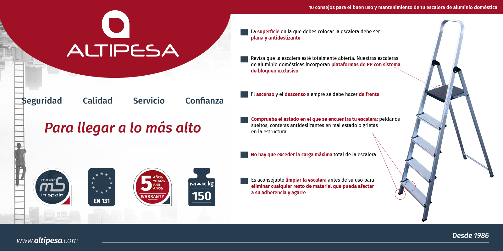 En Altipesa hemos recopilado los 10 mejores consejos para usar y mantener tu escalera de aluminio doméstica en las mejores condiciones.