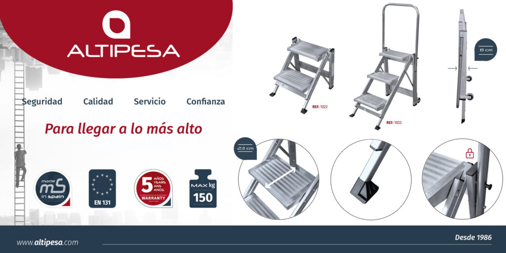 Este taburete plegable de la SERIE RACK 9 es un equipo de trabajo auxiliar que te permitirá manipular cargas en altura de forma cómoda y segura.