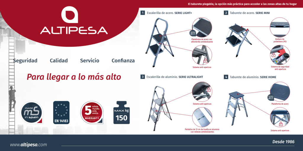 El taburete plegable es una herramienta muy compacta y ligera, que permite poder desplazarlo de una estancia a otra con gran facilidad.