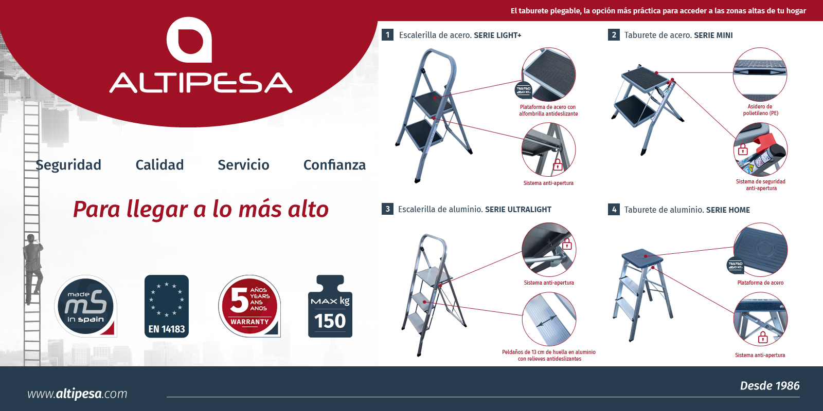 El taburete plegable es una herramienta muy compacta y ligera, que permite poder desplazarlo de una estancia a otra con gran facilidad.