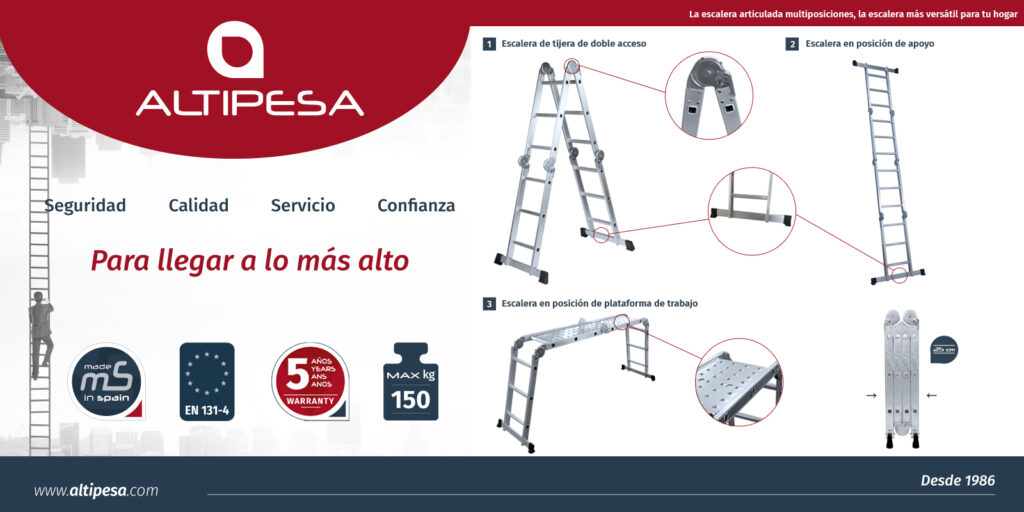 Esta escalera articulada multiposiciones es una escalera recomendada para uso doméstico que te garantizará la máxima seguridad y estabilidad