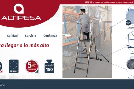 La escalera con plataforma, plegable, SERIE 760 permite al profesional desarrollar un trabajo en altura con la máxima seguridad y ergonomía.